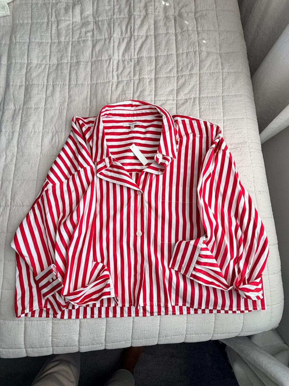 Madewell Red and White Striped Button-Down Shirt